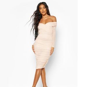 Off Shoulder Ruched Mesh Bodycon Midi Dress